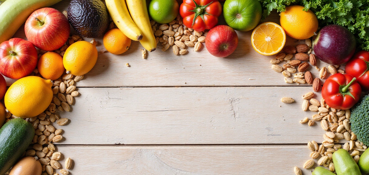 Frutas y verduras frescas en una mesa de madera, simbolizando alimentación saludable y bienestar.