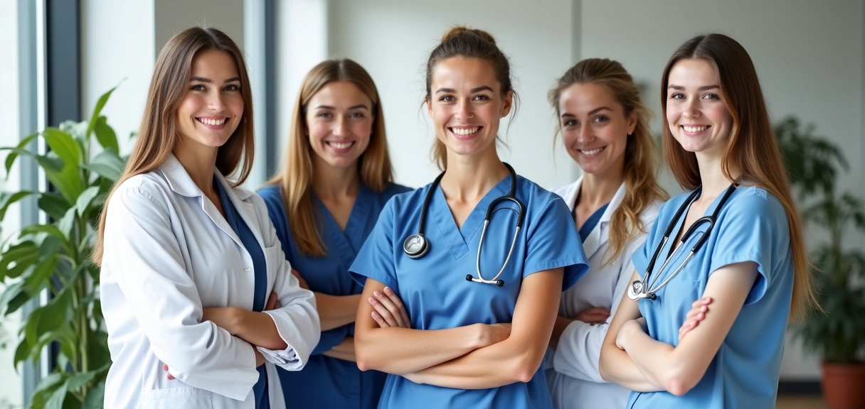 Un equipo de nutricionistas sonriendo y listos para ayudar, en un entorno moderno y acogedor de clínica.