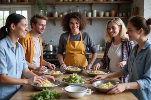 Un grupo de personas participando en un taller de cocina saludable, con un nutricionista guiándolos.
