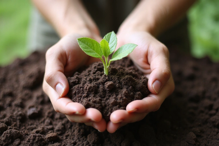 Manos sosteniendo una pequeña planta verde, simbolizando crecimiento, cuidado y bienestar.